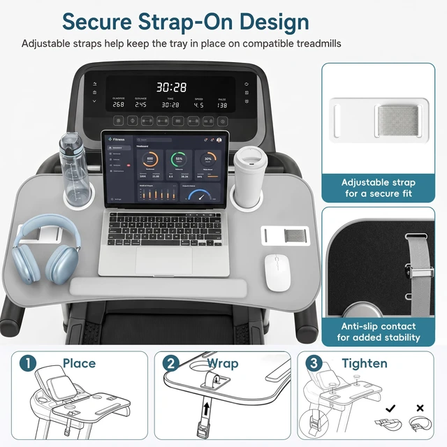 Alt view image 4 of 7 - Treadmill Desk Attachment, Non-Slip Faux Leather Laptop Desk for Walking Pad, Universal Workstation for Treadmill Handlebars up to 36", Ergonomic Tray Holder for Notebook, Tablet, Cup (Gray)