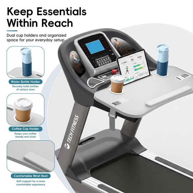 Alt view image 5 of 7 - Treadmill Desk Attachment, Non-Slip Faux Leather Laptop Desk for Walking Pad, Universal Workstation for Treadmill Handlebars up to 36", Ergonomic Tray Holder for Notebook, Tablet, Cup (Gray)