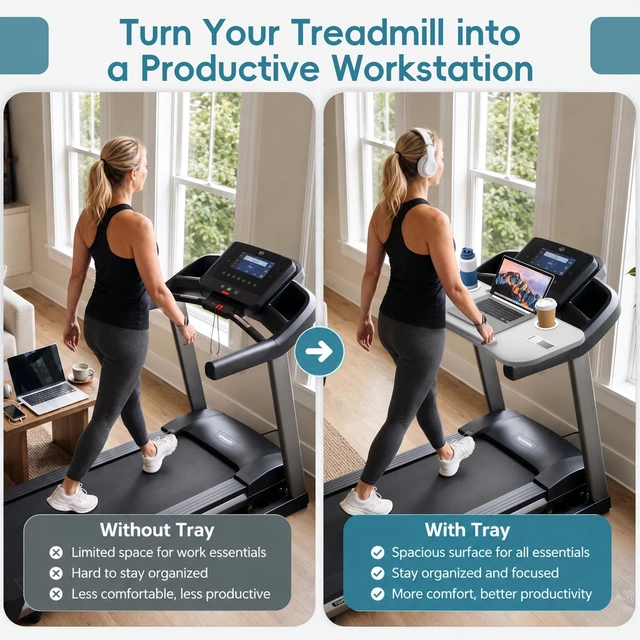 Alt view image 3 of 7 - Treadmill Desk Attachment, Non-Slip Faux Leather Laptop Desk for Walking Pad, Universal Workstation for Treadmill Handlebars up to 36", Ergonomic Tray Holder for Notebook, Tablet, Cup (Gray)