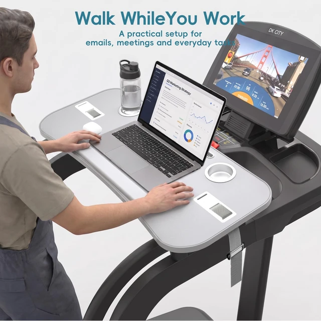 Alt view image 6 of 7 - Treadmill Desk Attachment, Non-Slip Faux Leather Laptop Desk for Walking Pad, Universal Workstation for Treadmill Handlebars up to 36", Ergonomic Tray Holder for Notebook, Tablet, Cup (Gray)