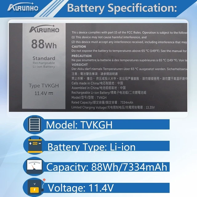 Alt view image 2 of 7 - TVKGH 88W 6Cell Laptop Battery Replacement for Dell Latitude 9510 9520 Latitude 9520 2-in-1 Series N7HT0 TVKGH V5K68 N2NLL HYMNG 08NFC7 N2NLL N7HTO 0PKW00 089GNG 0HYMNG