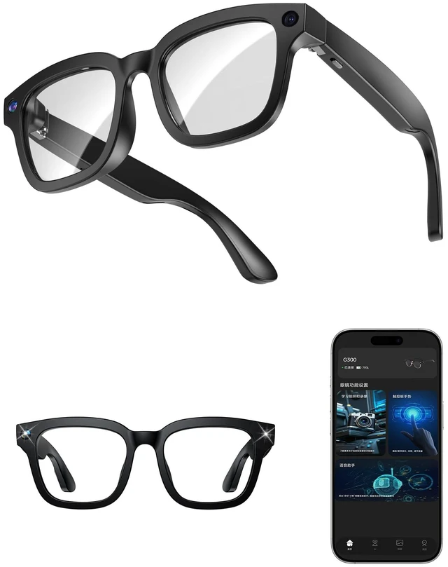 Main image of AI Smart Glasses with Camera and Realtime Translation (Black +Clear lens) with HD Camera for Video Photo, Bluetooth and Wifi Transfer, with Microphone for Talk, Light Weight