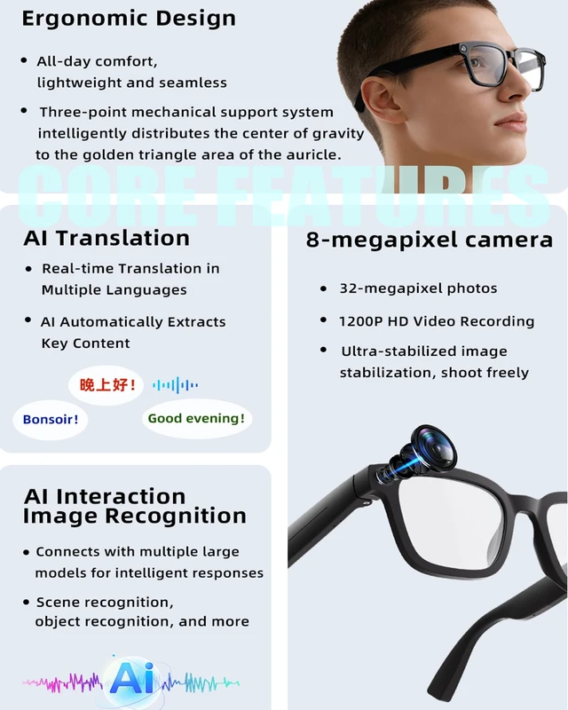 Alt view image 6 of 7 - AI Smart Glasses with Camera and Realtime Translation (Black +Clear lens) with HD Camera for Video Photo, Bluetooth and Wifi Transfer, with Microphone for Talk, Light Weight