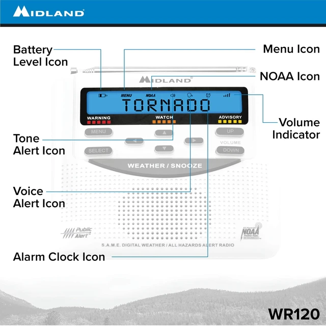 Alt view image 4 of 7 - WR120, NOAA Emergency Weather Alert Radio - S.A.M.E. Localized Programming, Trilingual Display, 60+ Emergency Alerts, & Alarm Clock (WR120C - Clam Packaging)