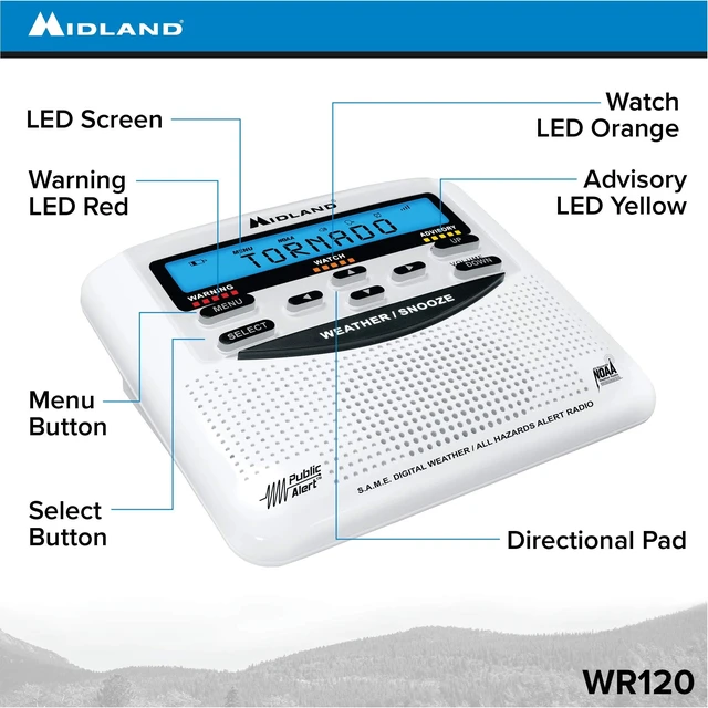 Alt view image 2 of 7 - WR120, NOAA Emergency Weather Alert Radio - S.A.M.E. Localized Programming, Trilingual Display, 60+ Emergency Alerts, & Alarm Clock (WR120C - Clam Packaging)