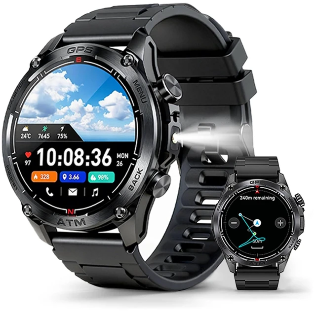 Main image of Rugged Military Smart Watch for Men with GPS,1.43" AMOLED Bluetooth Call Fitness Watch, Flashlight, Compass, Heart Rate Blood Oxygen Sleep Monitor, Sport Modes, Waterproof Smartwatch for iOS Android