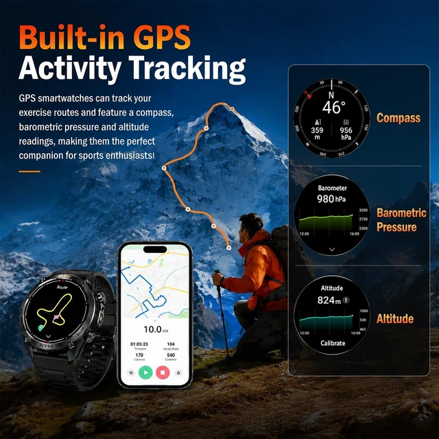Alt view image 2 of 7 - Rugged Military Smart Watch for Men with GPS,1.43" AMOLED Bluetooth Call Fitness Watch, Flashlight, Compass, Heart Rate Blood Oxygen Sleep Monitor, Sport Modes, Waterproof Smartwatch for iOS Android