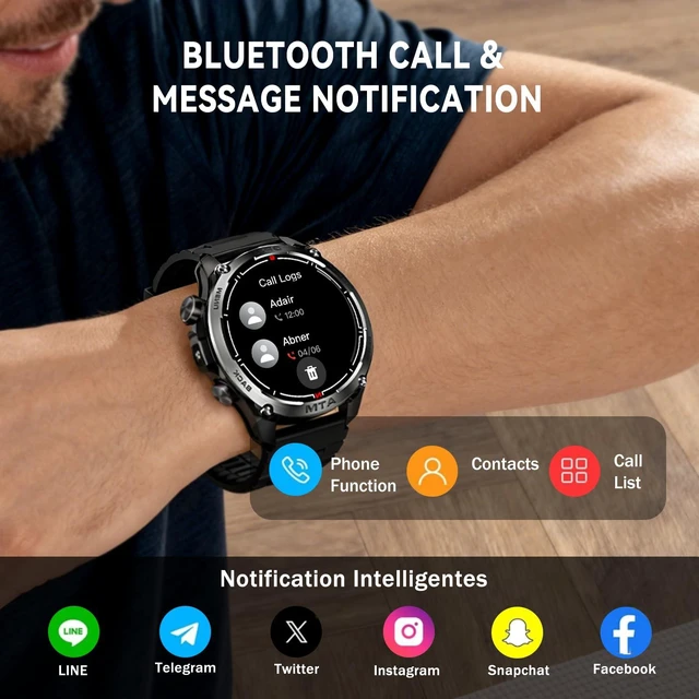 Alt view image 4 of 7 - Rugged Military Smart Watch for Men with GPS,1.43" AMOLED Bluetooth Call Fitness Watch, Flashlight, Compass, Heart Rate Blood Oxygen Sleep Monitor, Sport Modes, Waterproof Smartwatch for iOS Android