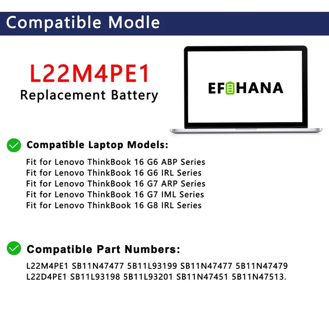 Alt view image 3 of 6 - L22M4PE1 71Wh Laptop Battery Replacement for Lenovo ThinkBook 16 G6 ABP G6 IRL G7 ARP G7 IML G8 IRL Series SB11N47477 5B11L93199 SB11N47477 5B11N47479 L22D4PE1 SB11L93198 5B11L93201 15.36V