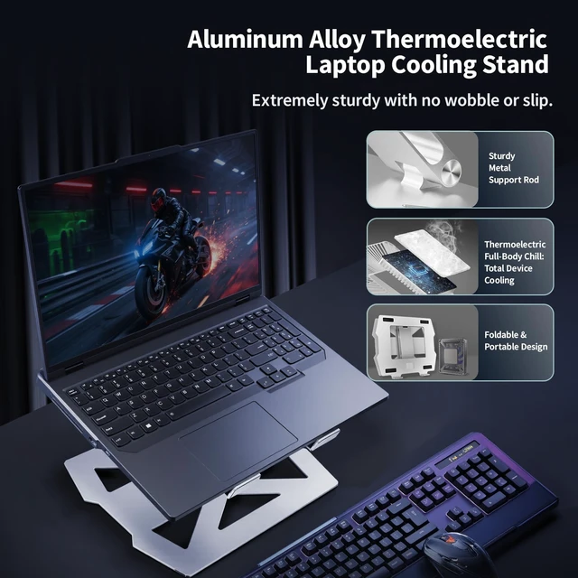 Alt view image 3 of 7 - Laptop Cooling Stand with Peltier Cooler Adjustable Height & Angle, Whisper-Quiet Aluminum Thermoelectric Cooler for 12-19 Inch Laptops, MacBook/Dell/HP/Lenovo Fast Cooling Notebook