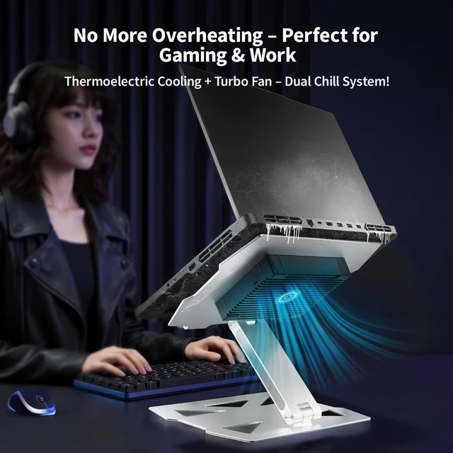 Alt view image 4 of 7 - Laptop Cooling Stand with Peltier Cooler Adjustable Height & Angle, Whisper-Quiet Aluminum Thermoelectric Cooler for 12-19 Inch Laptops, MacBook/Dell/HP/Lenovo Fast Cooling Notebook