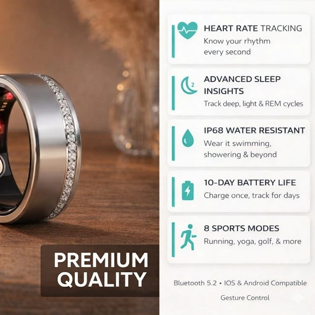 Alt view image 2 of 7 - Smart Ring for Women Men - Heart Rate Sleep Tracker, 5ATM Water Resistant, Gesture Control, Up to 6-Day Battery, Bluetooth 5.2, Silver, Size 8