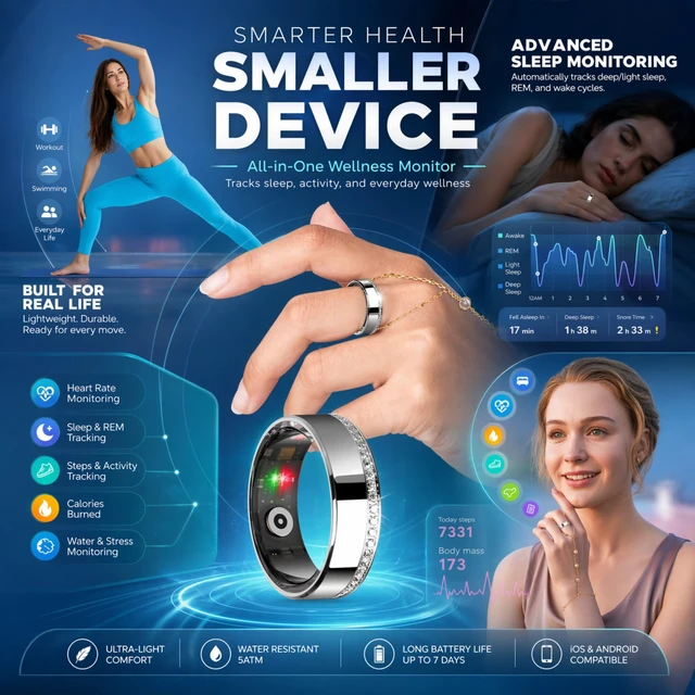 Alt view image 7 of 7 - Smart Ring for Women Men - Heart Rate Sleep Tracker, 5ATM Water Resistant, Gesture Control, Up to 6-Day Battery, Bluetooth 5.2, Silver, Size 8