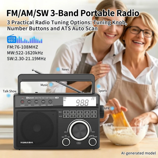 Alt view image 2 of 7 - Portable AM FM SW Radio, ATS Auto Scan, Numeric Keys, MP3 Player Recording, MP3/WMA Playback via USB or microSD Card, Clock & Alarm, Sleep Timer, Backlit LCD Display, Battery or AC Power