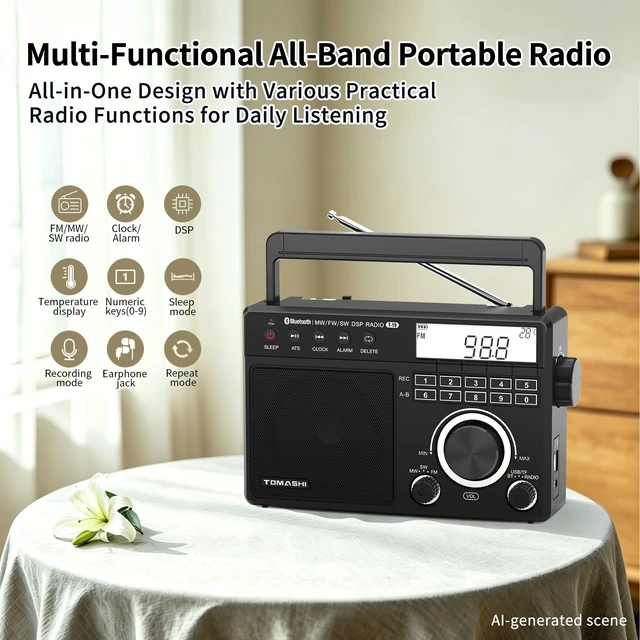 Alt view image 4 of 7 - Portable AM FM SW Radio, ATS Auto Scan, Numeric Keys, MP3 Player Recording, MP3/WMA Playback via USB or microSD Card, Clock & Alarm, Sleep Timer, Backlit LCD Display, Battery or AC Power