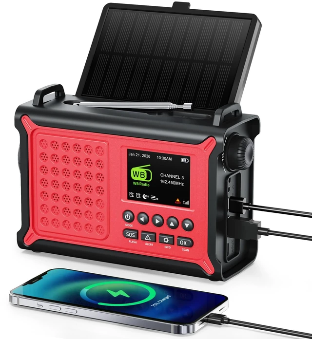 Main image of NOAA Emergency Weather Radio with S.A.M.E. County Alerts & 12000mAh Battery County Alerts Made Simple, 2.4" Color Screen, 86 Alerts, Solar & Hand Crank Power, FM, Phone Charger, Lights & SOS