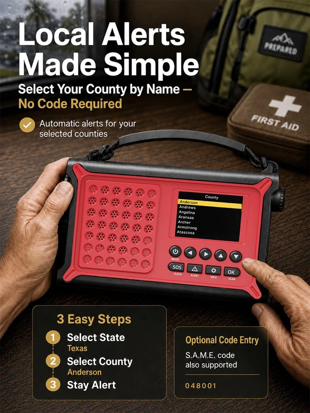 Alt view image 2 of 7 - NOAA Emergency Weather Radio with S.A.M.E. County Alerts & 12000mAh Battery County Alerts Made Simple, 2.4" Color Screen, 86 Alerts, Solar & Hand Crank Power, FM, Phone Charger, Lights & SOS