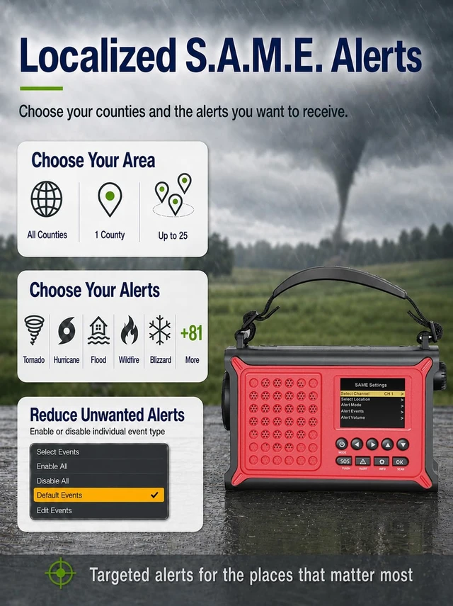 Alt view image 3 of 7 - NOAA Emergency Weather Radio with S.A.M.E. County Alerts & 12000mAh Battery County Alerts Made Simple, 2.4" Color Screen, 86 Alerts, Solar & Hand Crank Power, FM, Phone Charger, Lights & SOS