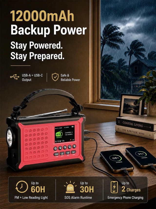 Alt view image 5 of 7 - NOAA Emergency Weather Radio with S.A.M.E. County Alerts & 12000mAh Battery County Alerts Made Simple, 2.4" Color Screen, 86 Alerts, Solar & Hand Crank Power, FM, Phone Charger, Lights & SOS
