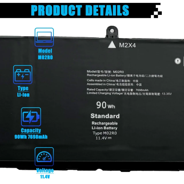 Alt view image 2 of 7 - M02R0 Laptop Battery Replacement for Dell Alienware x16 R1 Alienware x16 R2 P120F007 P120F008 Series Notebook MO2R0 HP26N 0HP26N 0MRWR6 11.55V 90Wh 7792mAh 6-Cell