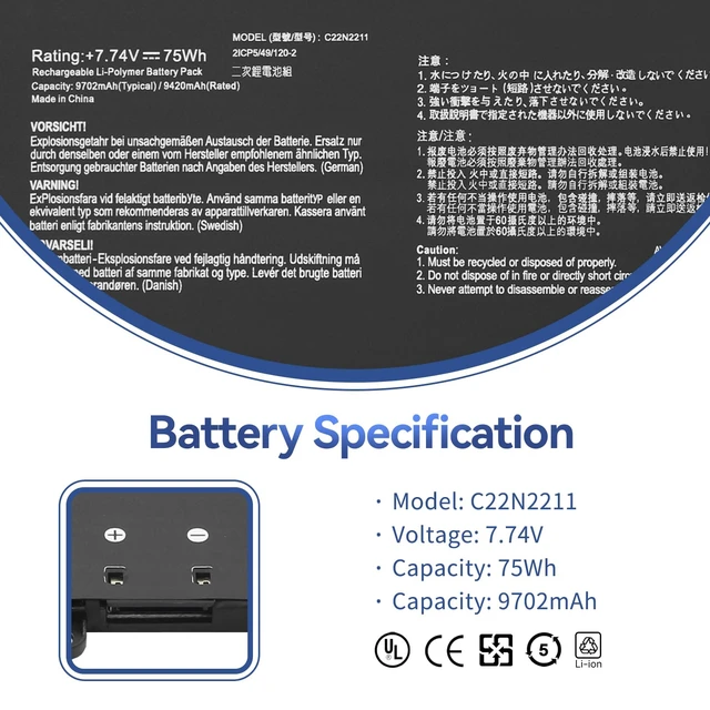 Alt view image 2 of 7 - 75Wh C22N2211 Laptop Battery Replacement for Asus Zenbook 14 Q415MA UX3405 Q415MA-U5512 Q425MA-U71TB OLED UX3405CA-U7512 UX3405MA-PH77 UX3405VA UX3405ZA Series 0B200-04400000 7.74V 9702mAh