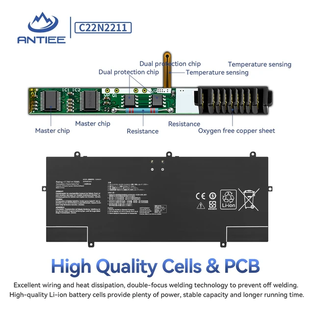 Alt view image 4 of 7 - 75Wh C22N2211 Laptop Battery Replacement for Asus Zenbook 14 Q415MA UX3405 Q415MA-U5512 Q425MA-U71TB OLED UX3405CA-U7512 UX3405MA-PH77 UX3405VA UX3405ZA Series 0B200-04400000 7.74V 9702mAh
