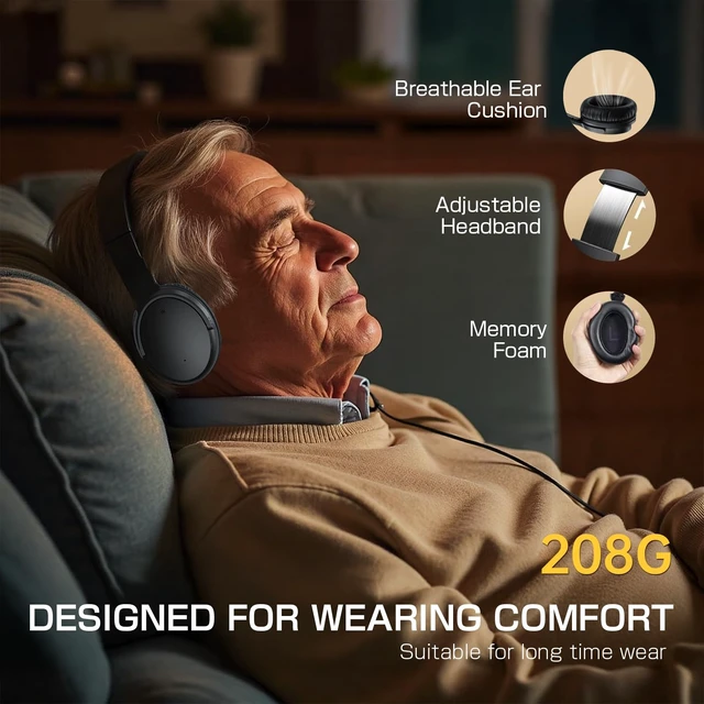 Alt view image 2 of 7 - Easy One-Button Exclusively TV Headphones for Seniors, Rechargeable, Loud Clear Wireless Bluetooth Headset for Mild Hearing Loss Private Watching with USB/Optical/RCA/3.5mm
