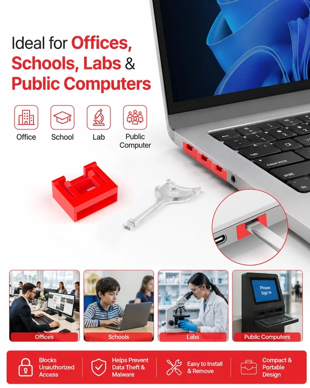Alt view image 2 of 7 - 100-Pack USB-A Port Locks with 5 Keys,Laptop Security Locks for Physical Security and Malware Protection, Removable USB-A Port Locks for PC Laptops,Protecting Data and Information Security (Red)