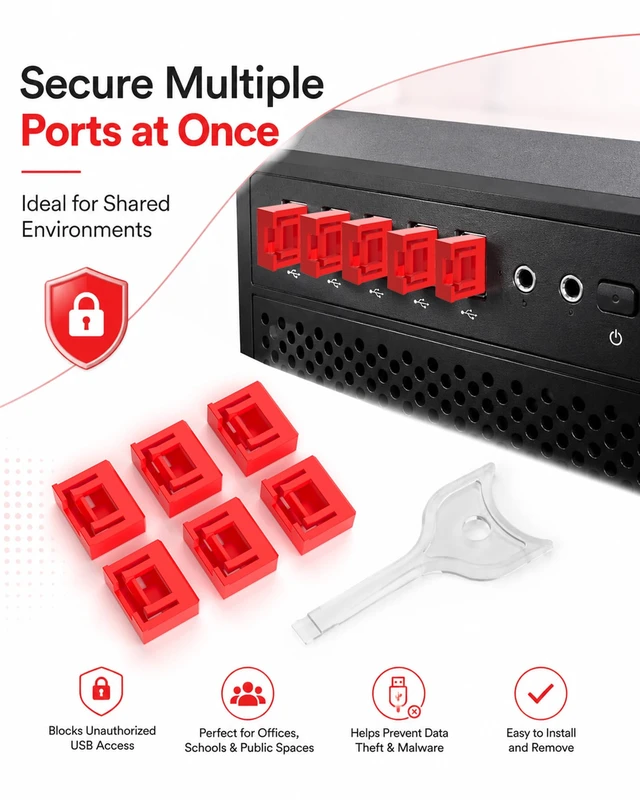 Alt view image 5 of 7 - 100-Pack USB-A Port Locks with 5 Keys,Laptop Security Locks for Physical Security and Malware Protection, Removable USB-A Port Locks for PC Laptops,Protecting Data and Information Security (Red)