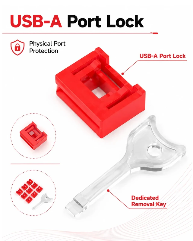 Alt view image 6 of 7 - 100-Pack USB-A Port Locks with 5 Keys,Laptop Security Locks for Physical Security and Malware Protection, Removable USB-A Port Locks for PC Laptops,Protecting Data and Information Security (Red)