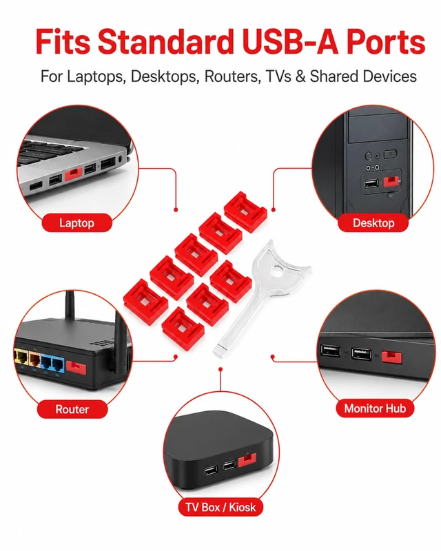 Alt view image 7 of 7 - 100-Pack USB-A Port Locks with 5 Keys,Laptop Security Locks for Physical Security and Malware Protection, Removable USB-A Port Locks for PC Laptops,Protecting Data and Information Security (Red)