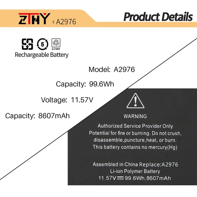 Alt view image 2 of 7 - A2976 Laptop Battery for MacBook Pro 16-inch A2991 (late 2023) MRW43LL/A MRW13LL/A MRW63LL/A MRW23LL/A MRW73LL/A MRW33LL/A M3 Pro (end of 2023) EMC 8408 11.57V 99.6Wh 8607mAh