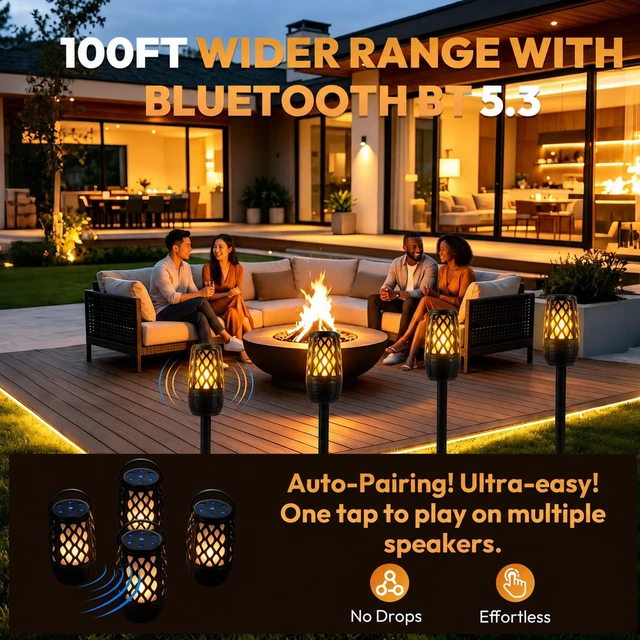 Alt view image 2 of 7 - Outdoor Speakers Bluetooth with Flame Lights, HD Stereo Sound & Waterproof Gadget Gifts for Men/Dad, Auto-Pairing, Multi-Sync Up to 100-Speaker, Portable for Party Patio Deck Porch Backyard RV, 2 Pack