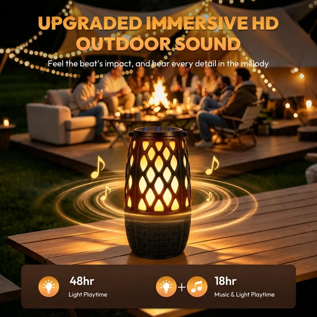 Alt view image 3 of 7 - Outdoor Speakers Bluetooth with Flame Lights, HD Stereo Sound & Waterproof Gadget Gifts for Men/Dad, Auto-Pairing, Multi-Sync Up to 100-Speaker, Portable for Party Patio Deck Porch Backyard RV, 2 Pack