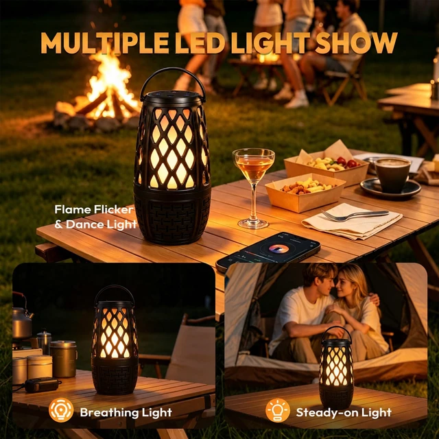 Alt view image 6 of 7 - Outdoor Speakers Bluetooth with Flame Lights, HD Stereo Sound & Waterproof Gadget Gifts for Men/Dad, Auto-Pairing, Multi-Sync Up to 100-Speaker, Portable for Party Patio Deck Porch Backyard RV, 2 Pack