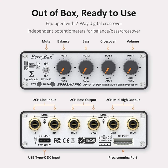 Alt view image 4 of 6 - Independent ADC & DAC ADAU1701 DSP Preamp Unbalanced 2 in 4 Out, 2.2/2.1 Digital Signal 2-Way Crossover, Sigmastudio and PC UI Control for EQ and Bass Enhancement BDSP2.4U-Pro
