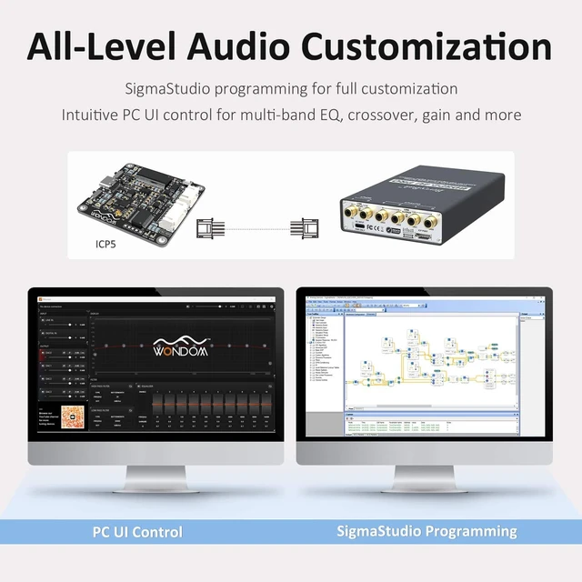 Alt view image 5 of 6 - Independent ADC & DAC ADAU1701 DSP Preamp Unbalanced 2 in 4 Out, 2.2/2.1 Digital Signal 2-Way Crossover, Sigmastudio and PC UI Control for EQ and Bass Enhancement BDSP2.4U-Pro