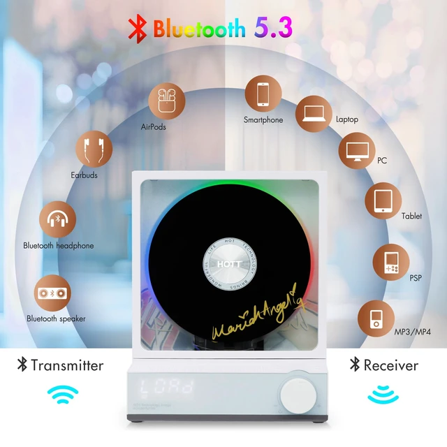 Alt view image 2 of 7 - HOTT Portable CD Player,Retro Bluetooth 5.3 CD Players for Home,Music Player with HiFi Speaker,4000mAh Recheageable/Remote Contro/RGB Night Light/Sleep Timer/U Disk/Micro SD/AUX (White-A)