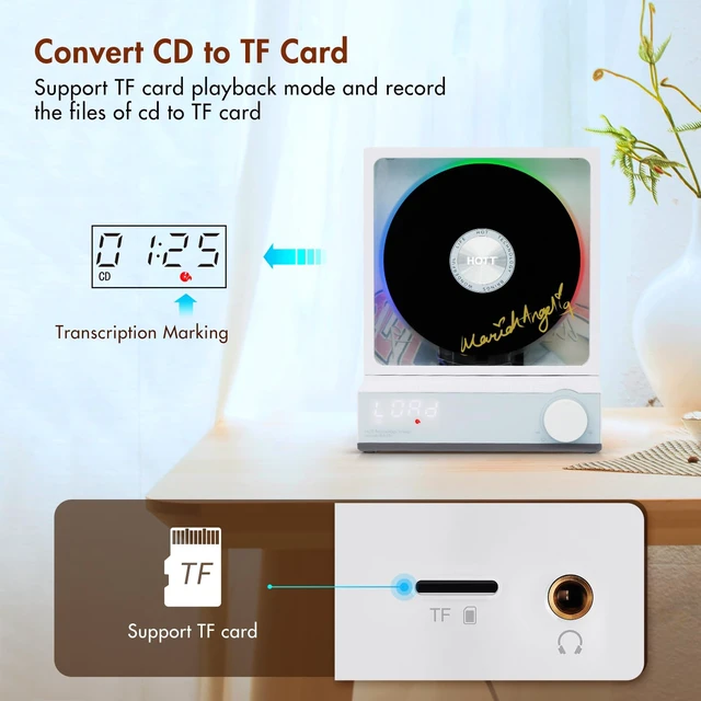 Alt view image 5 of 7 - HOTT Portable CD Player,Retro Bluetooth 5.3 CD Players for Home,Music Player with HiFi Speaker,4000mAh Recheageable/Remote Contro/RGB Night Light/Sleep Timer/U Disk/Micro SD/AUX (White-A)