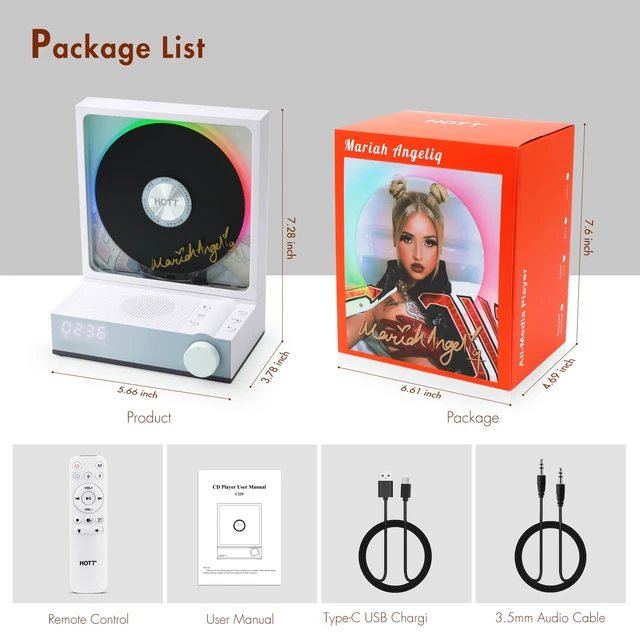 Alt view image 7 of 7 - HOTT Portable CD Player,Retro Bluetooth 5.3 CD Players for Home,Music Player with HiFi Speaker,4000mAh Recheageable/Remote Contro/RGB Night Light/Sleep Timer/U Disk/Micro SD/AUX (White-A)