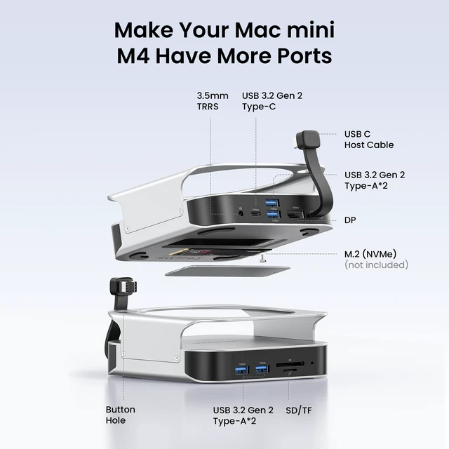 Alt view image 2 of 7 - for Mac mini M4 Dock, 10 in 1 Aluminum Stand for M4/M4 Pro with M.2 NVMe SSD Enclosure, 4K@240HZ/144HZ USB A 3.2, 10Gbps Transfer, USB C Extender, SD/TF Reader, Silver