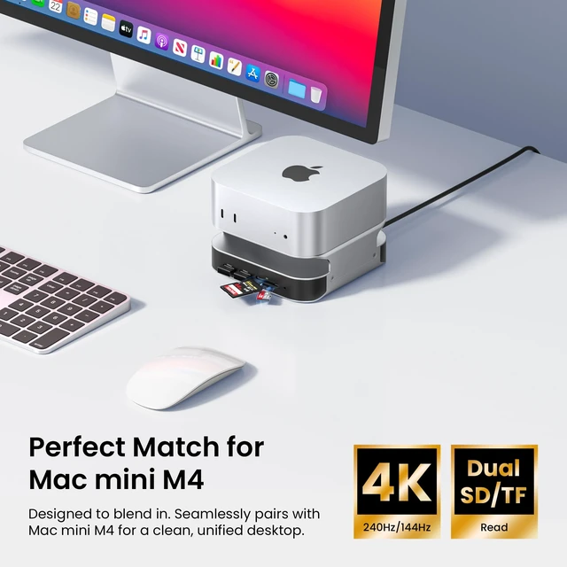 Alt view image 4 of 7 - for Mac mini M4 Dock, 10 in 1 Aluminum Stand for M4/M4 Pro with M.2 NVMe SSD Enclosure, 4K@240HZ/144HZ USB A 3.2, 10Gbps Transfer, USB C Extender, SD/TF Reader, Silver