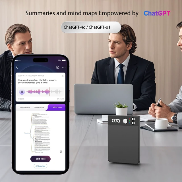 Alt view image 2 of 7 - AI Voice Recorder with Simultaneous Interpretation & Real-timeTranscription,64GB AI Speech Processor Powered by ChatGPT with App Control for Business/Education/Interviews,Black