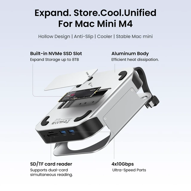 Alt view image 5 of 7 - for Mac mini M4 Dock, 10 in 1 Aluminum Stand for M4/M4 Pro with M.2 NVMe SSD Enclosure, 4K@240HZ/144HZ USB A 3.2, 10Gbps Transfer, USB C Extender, SD/TF Reader, Silver