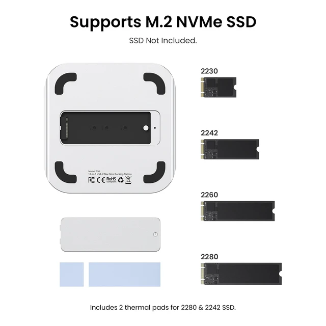 Alt view image 6 of 7 - for Mac mini M4 Dock, 10 in 1 Aluminum Stand for M4/M4 Pro with M.2 NVMe SSD Enclosure, 4K@240HZ/144HZ USB A 3.2, 10Gbps Transfer, USB C Extender, SD/TF Reader, Silver