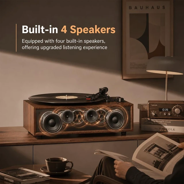 Alt view image 2 of 7 - Vinyl Record Player Turntable with LED Light Knobs, Bluetooth, AUX-in Brown 4 Built-in Speakers, RCA Out, headphone jack, Adjustable Counterweight, 3-Speed Belt-Driven