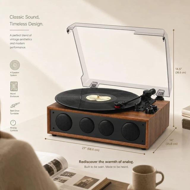Alt view image 7 of 7 - Vinyl Record Player Turntable with LED Light Knobs, Bluetooth, AUX-in Brown 4 Built-in Speakers, RCA Out, headphone jack, Adjustable Counterweight, 3-Speed Belt-Driven