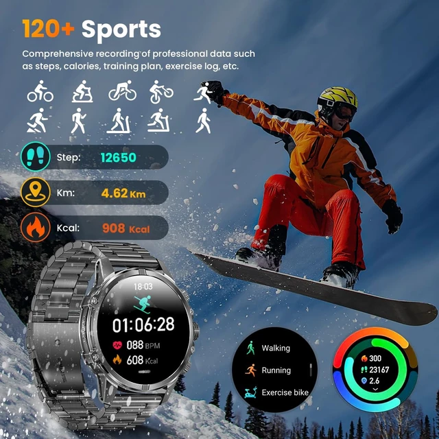 Alt view image 6 of 7 - Smart Watch, 1.75-Inch AMOLED Display, IP67 Waterproof SmartWatch for Men with Flashlight, Answer/Make Call Fitness Trackers, 120+ Sports Modes, Heart Rate Blood Oxygen, 620mAh 15 Days Battery