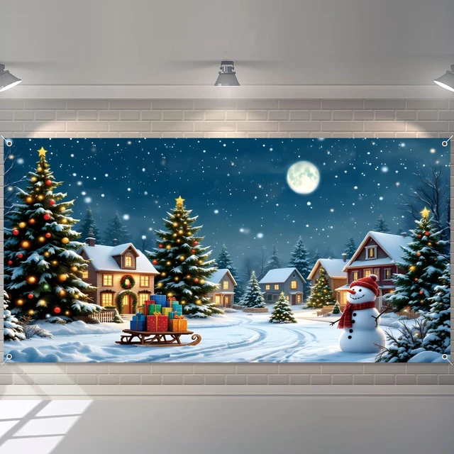 Alt view image 2 of 7 - Christmas Backdrop 20x10ft Winter Snowy Village Country Snowman Xmas Tree Snowflake Moon Night Scene Photography Background Large Holiday Party Banner Decorations Photo Booth Props Fabric