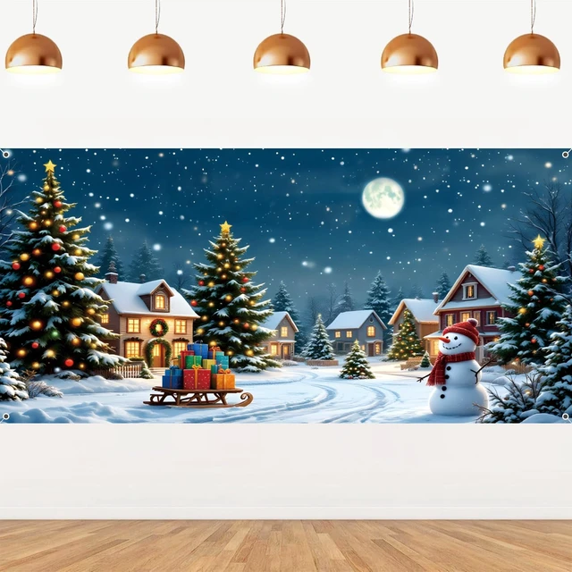 Alt view image 3 of 7 - Christmas Backdrop 20x10ft Winter Snowy Village Country Snowman Xmas Tree Snowflake Moon Night Scene Photography Background Large Holiday Party Banner Decorations Photo Booth Props Fabric